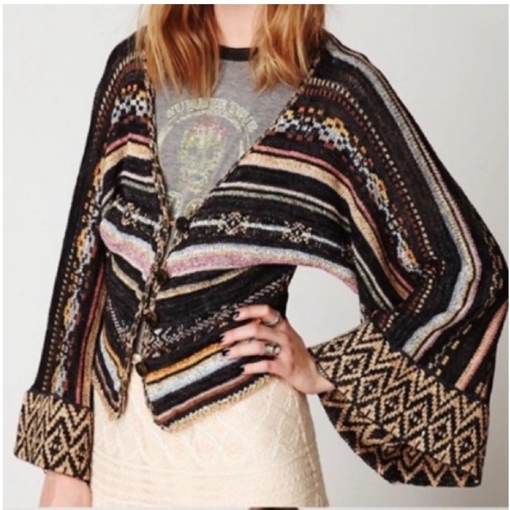 Free People Nopal Kaftan Cropped Cardigan Bell Sleeve Boho Southwestern XS